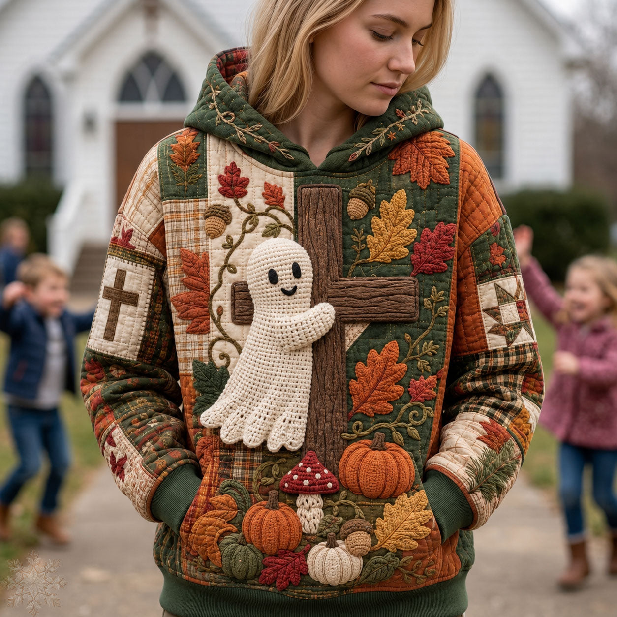Herbst-Hoodie mit Kreuz und Geist – Produktansicht 1