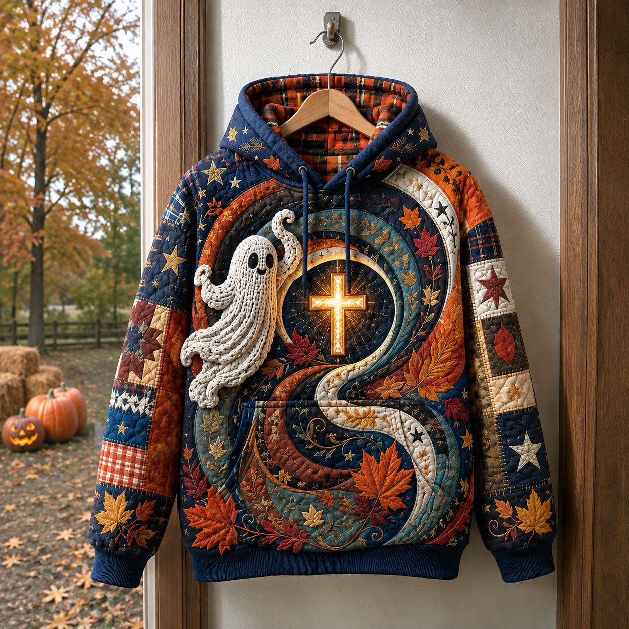 Herbst-Hoodie mit Kreuz und Wirbelmuster – Produktansicht 1