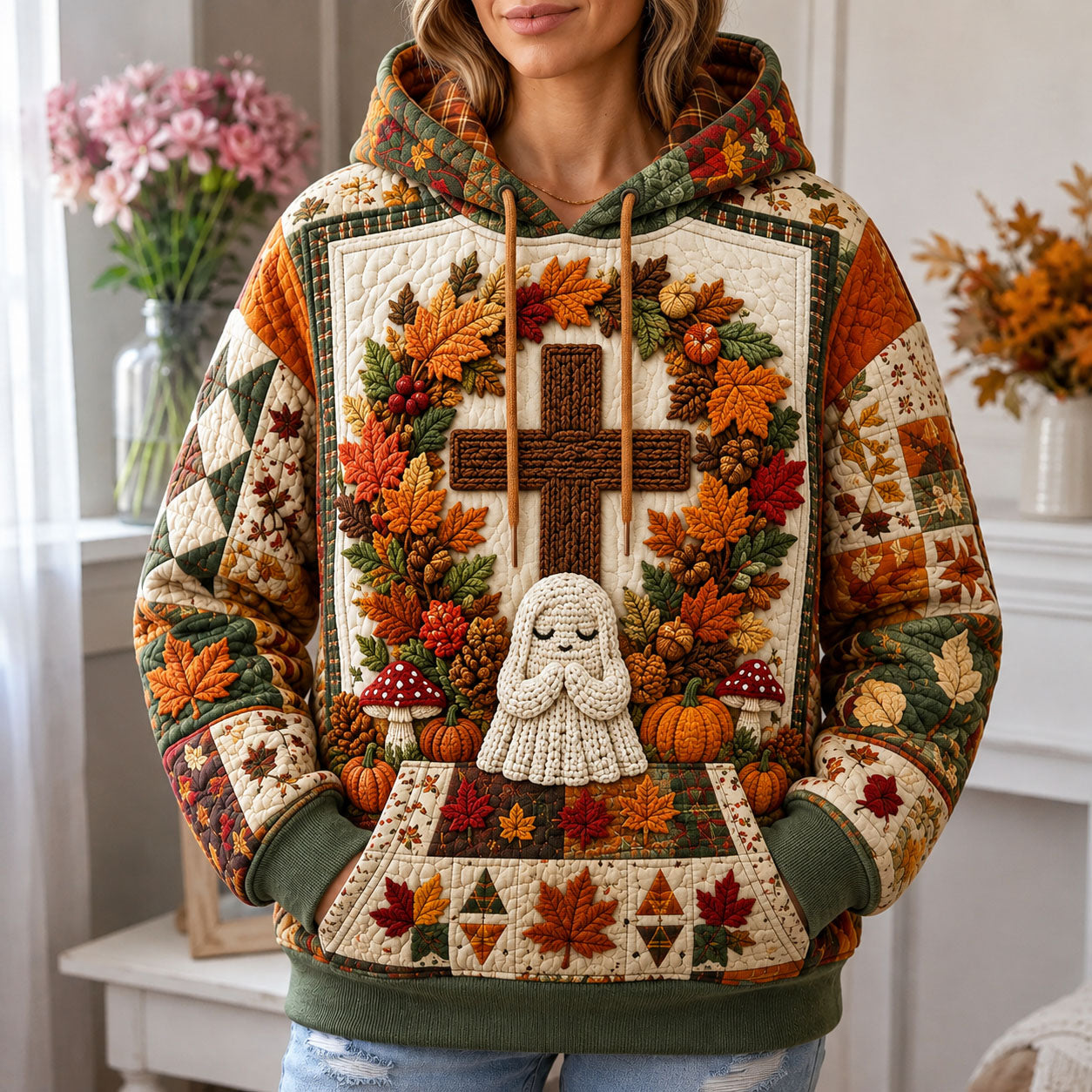 Hoodie mit betendem Geist und Kreuz – Produktansicht 1