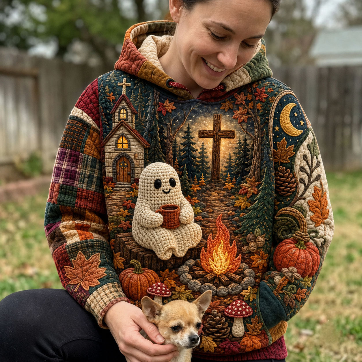 Hoodie mit Geist am Lagerfeuer und Glaubensmotiv – Produktansicht 1