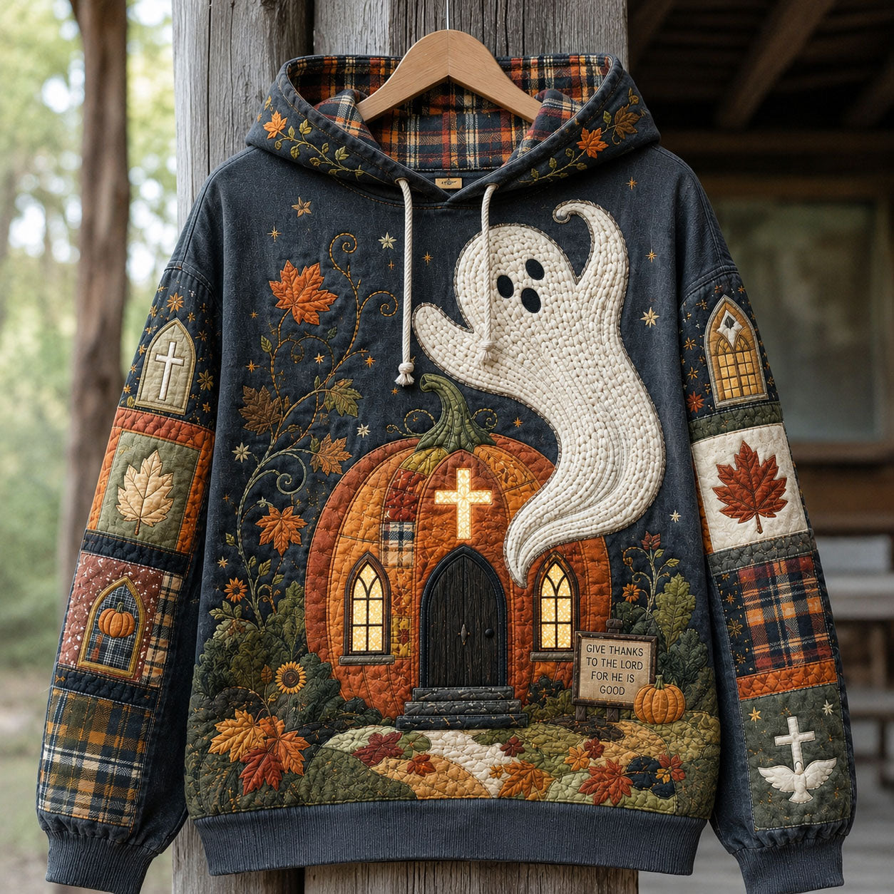 Hoodie mit Geist und Kürbiskirche – Produktansicht 1