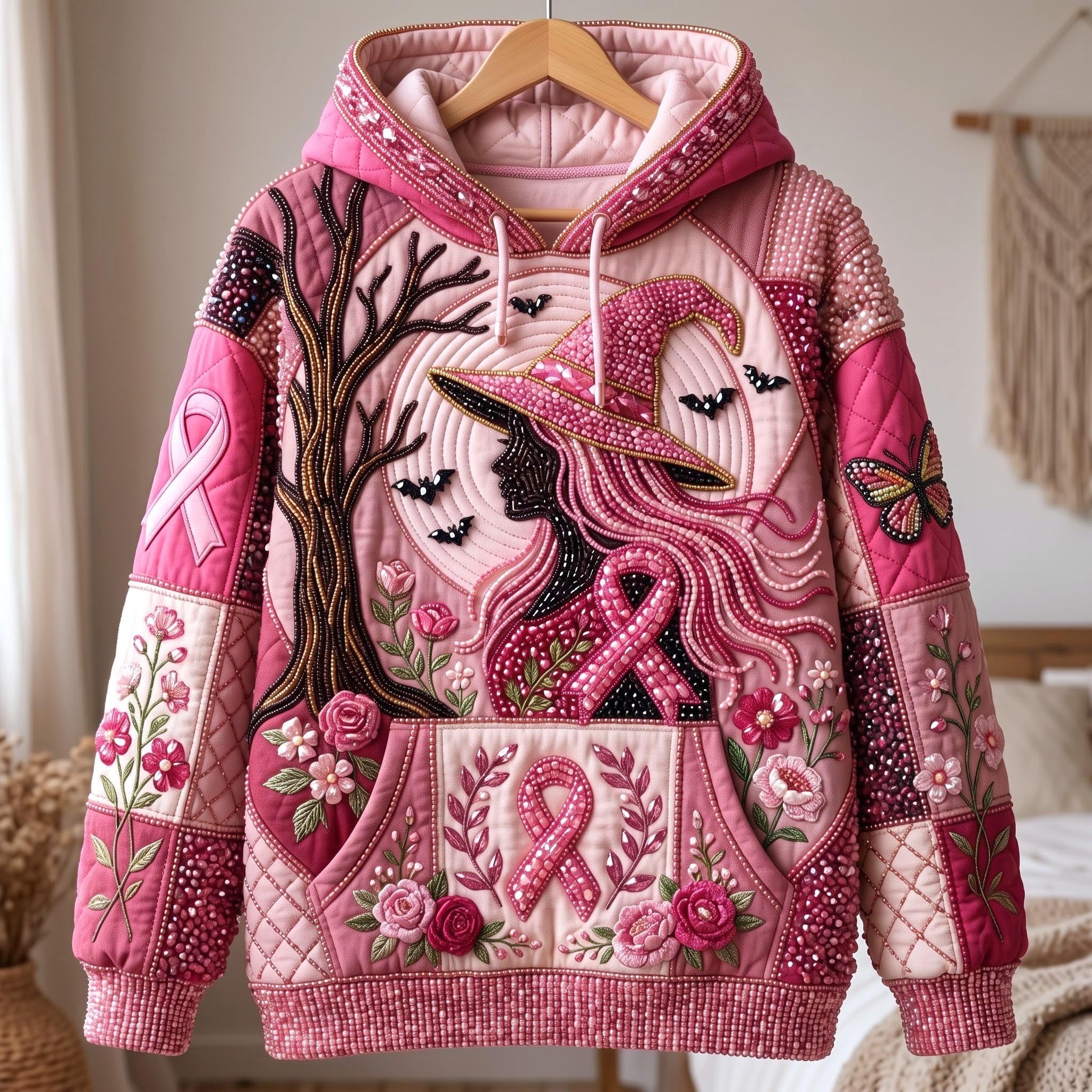 Rosafarbener Hoodie mit Hexenmotiv – Produktansicht 1
