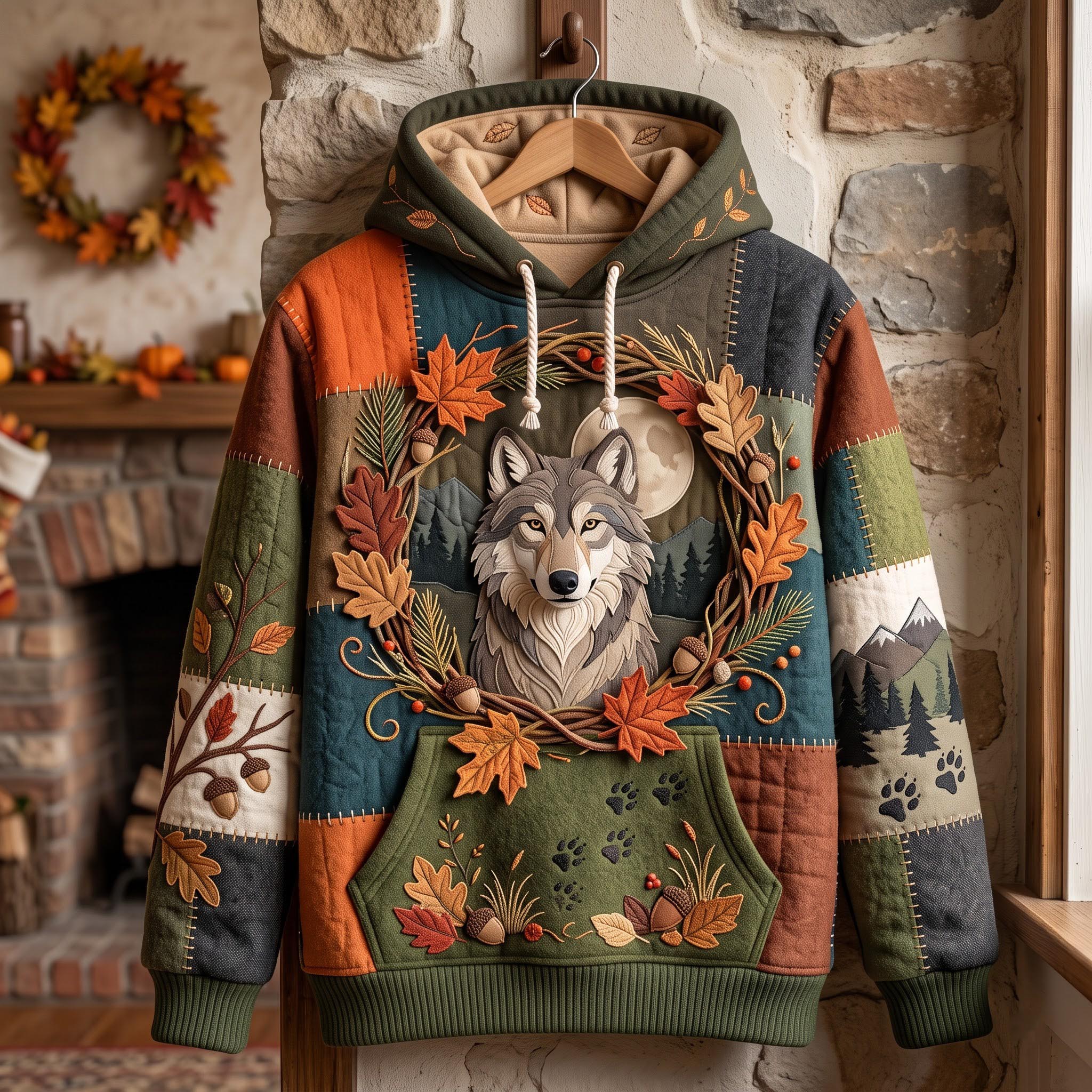 Herbst-Hoodie mit Wolf im Wald – Produktansicht 1