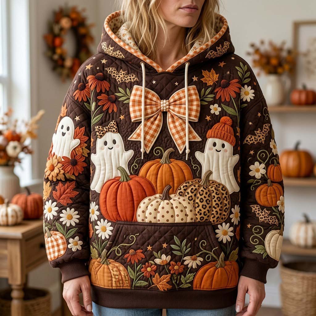 Hoodie mit Kürbissen im Patchwork-Look – Produktansicht 1