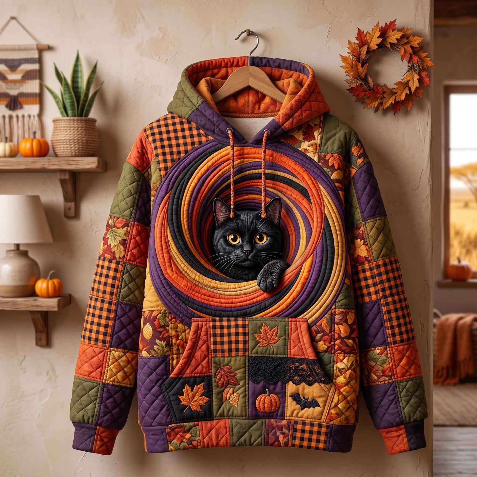 Herbst-Hoodie mit nächtlichem Katzenmotiv – Produktansicht 1