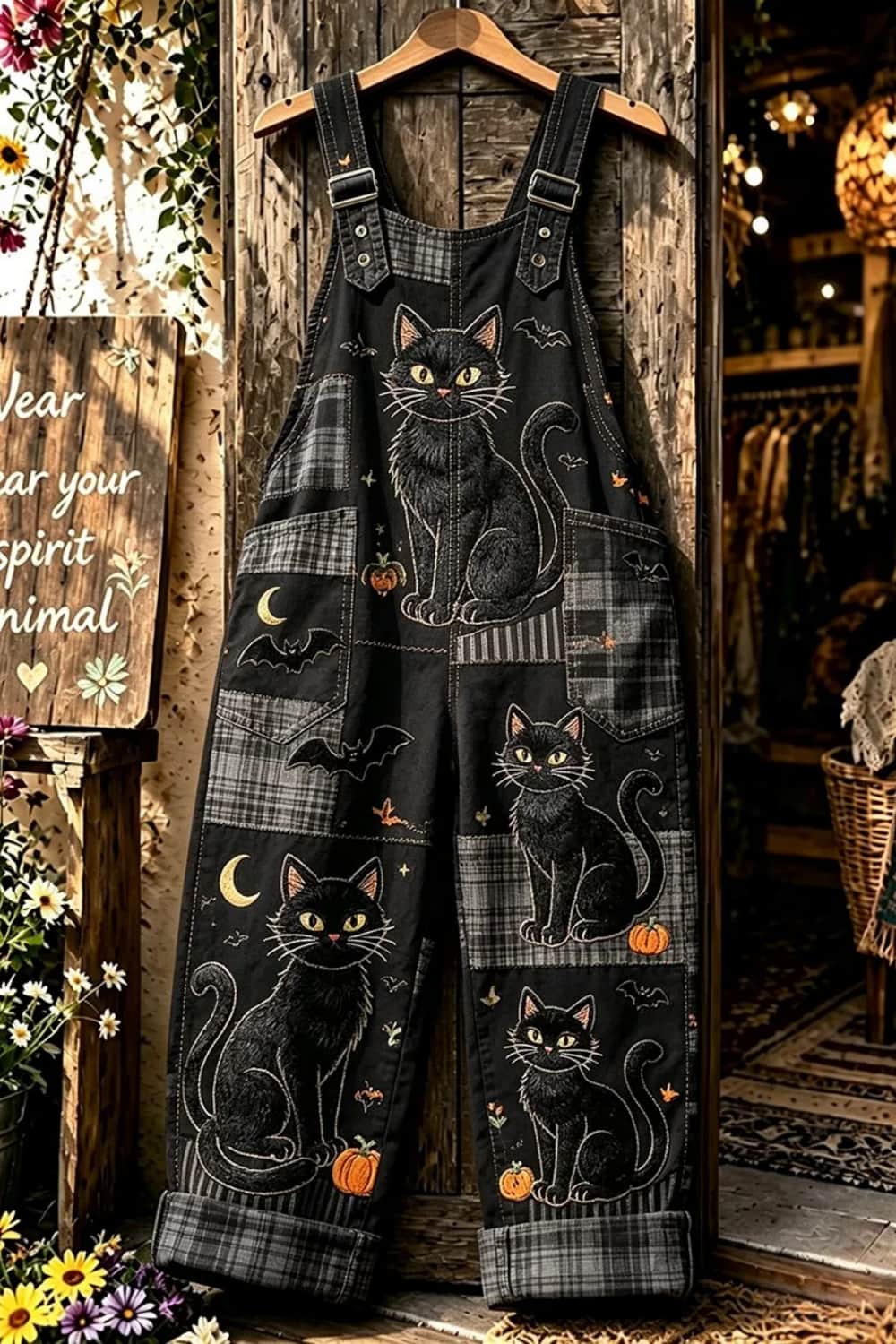 Daphne | Jumpsuit mit Kürbismotiv, Katzenmotiv und Karomuster – Produktansicht 1