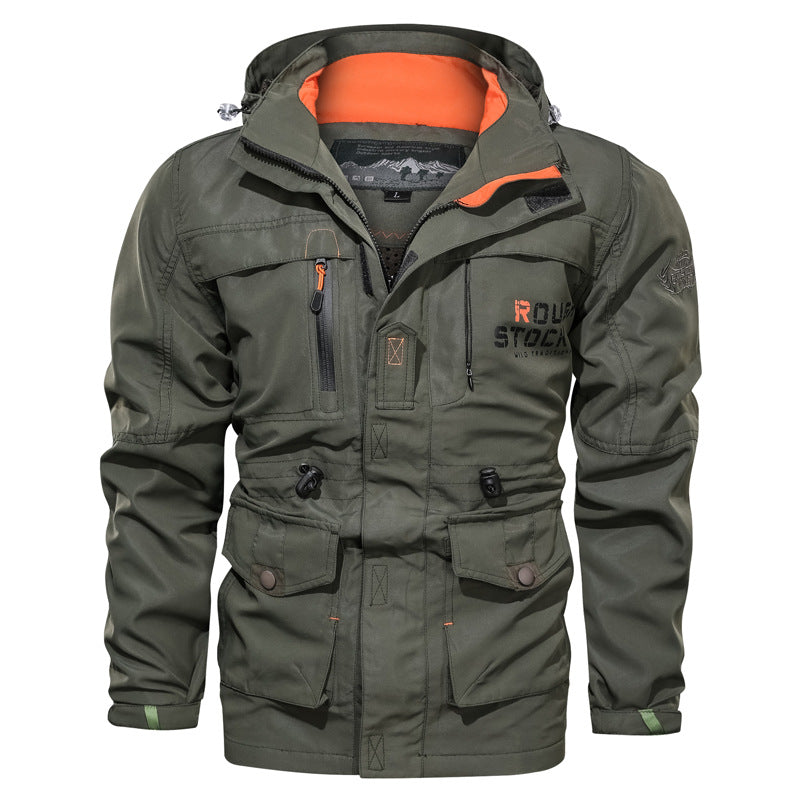 Men’s waterproof and windproof outdoor parka with detachable hood Military green 086