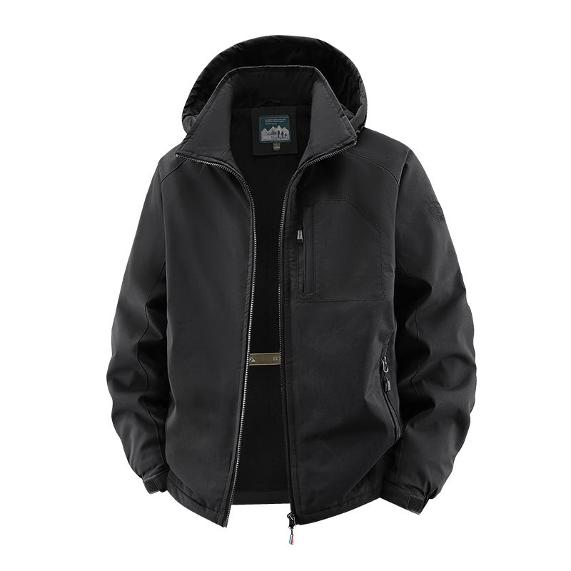 Men’s tactical-style softshell jacket with hidden hood and chest pocket Dunkelblau