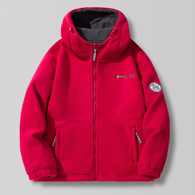 Men’s hooded fleece jacket with a high hood collar and zipper Rot