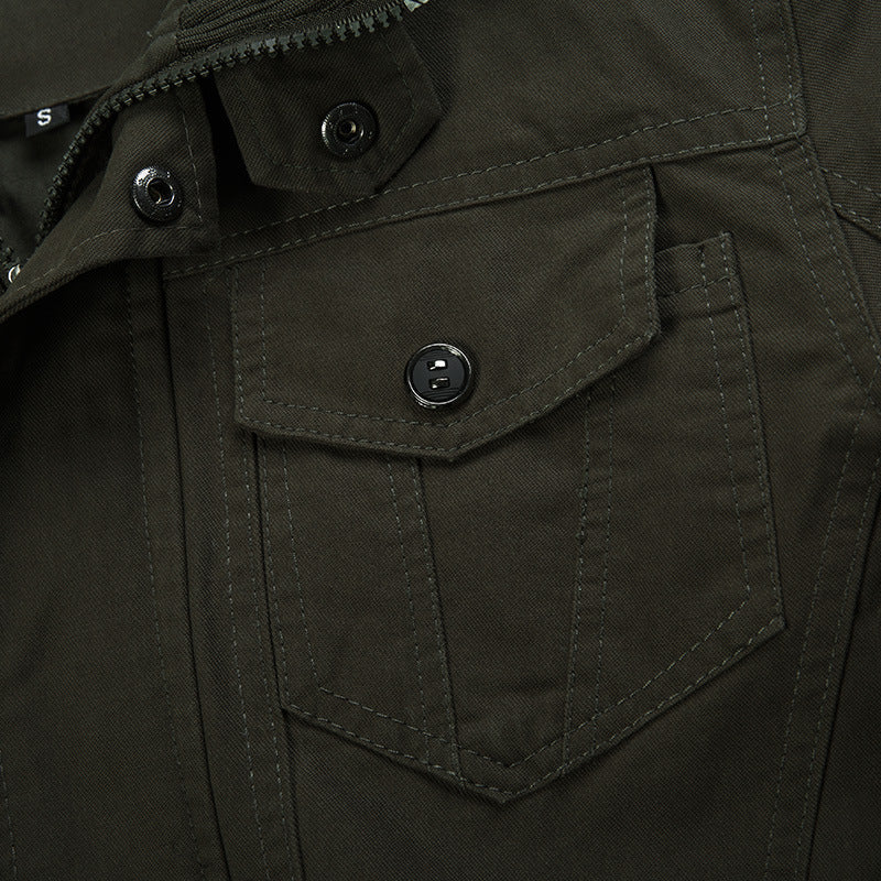 Men’s canvas field jacket with stand collar and multifunctional pockets Black 2701
