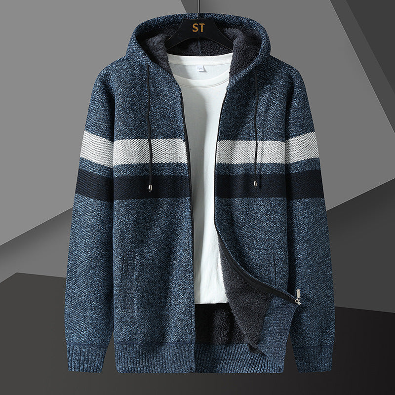 Men's Striped Hooded Jacket with Drawstring and Pockets Bordeaux
