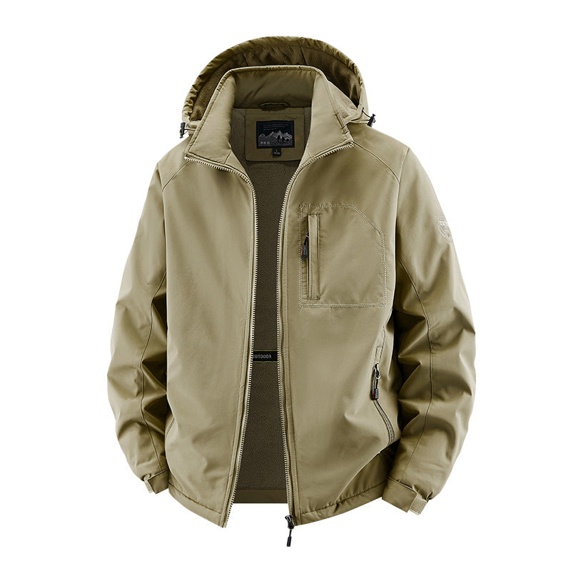 Men’s tactical-style softshell jacket with hidden hood and chest pocket Khaki