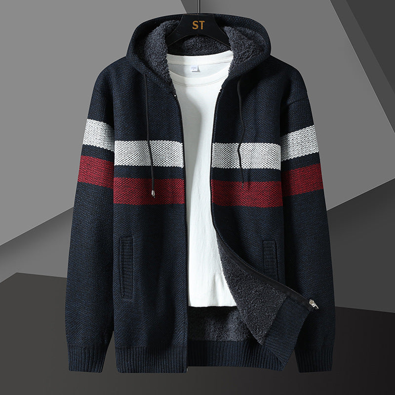 Men's Striped Hooded Jacket with Drawstring and Pockets Navy
