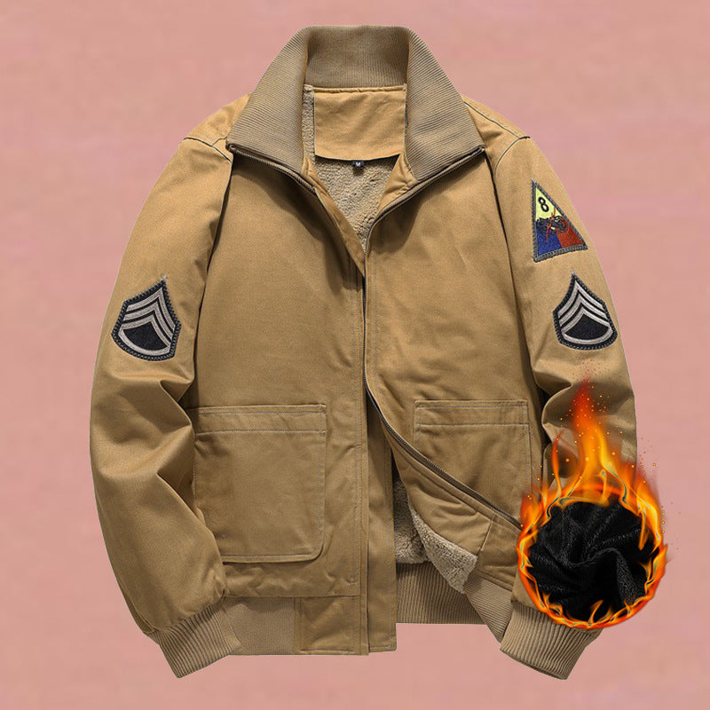 Men’s military-style bomber jacket with patches and a concealed zipper Olive green lined