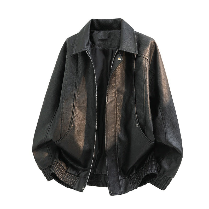 Men’s oversized field jacket made of faux leather with a concealed zipper Schwarz