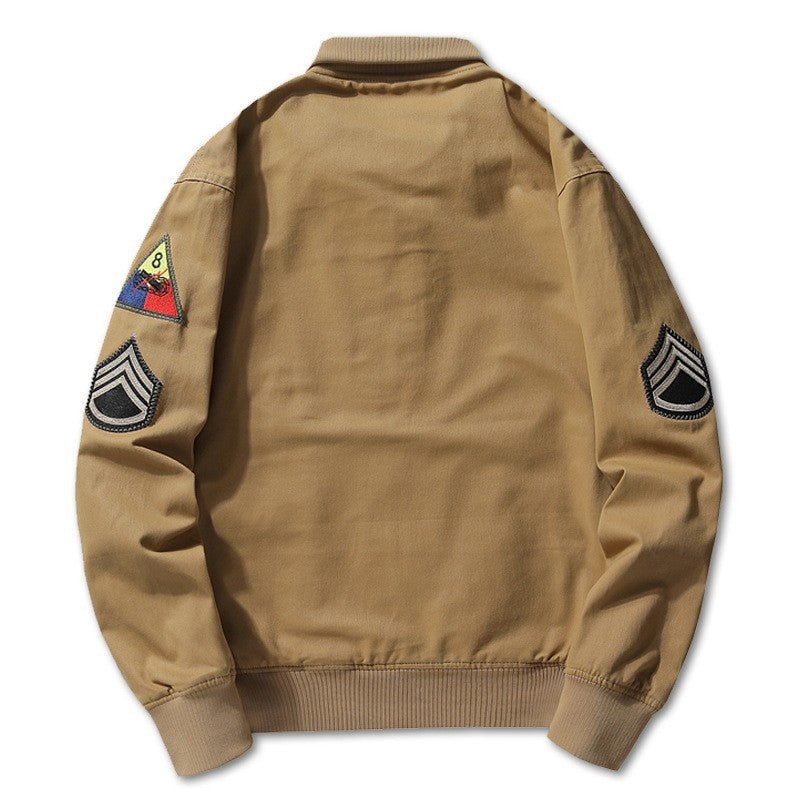 Men’s military-style bomber jacket with patches and a concealed zipper Khaki lined
