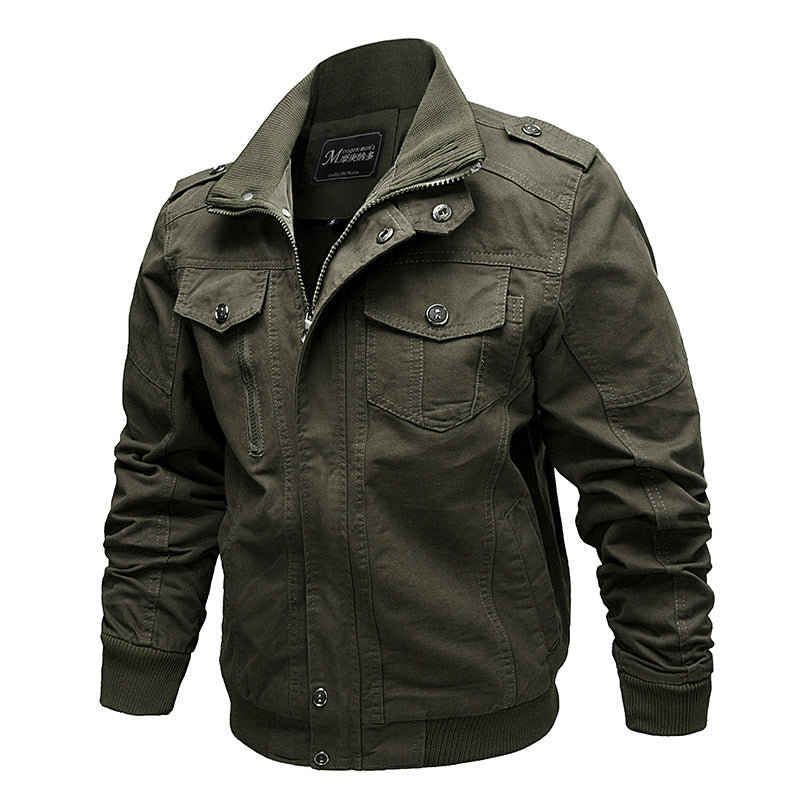 Men’s canvas field jacket with stand collar and multifunctional pockets Black 2701