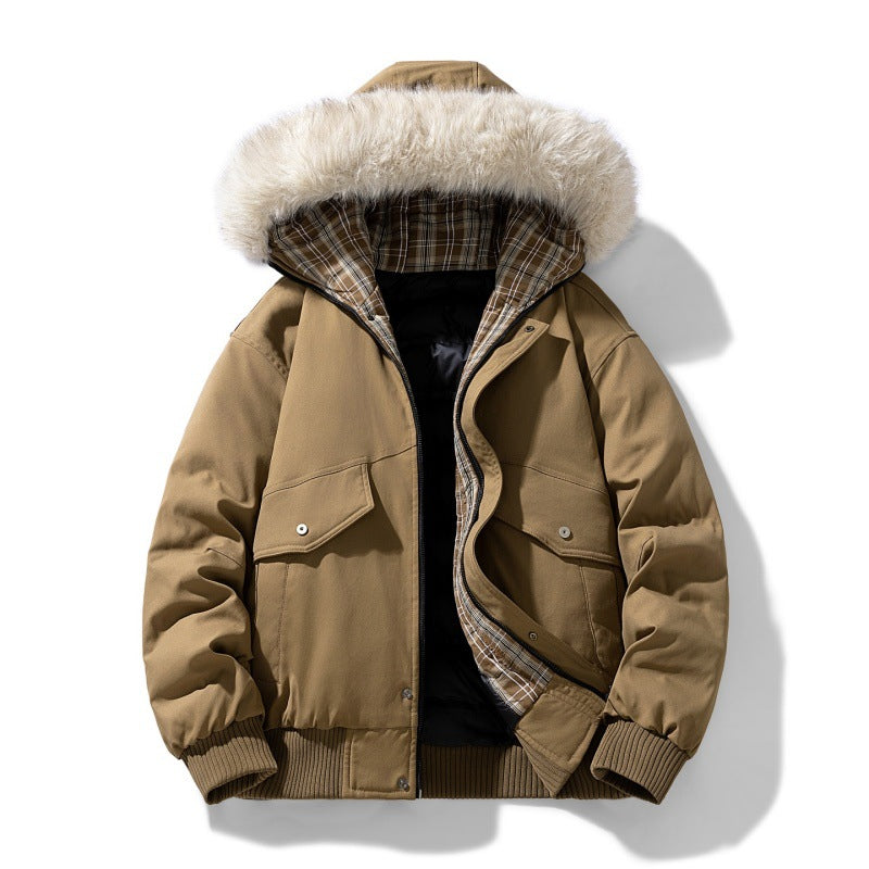 Men’s padded winter jacket with a hood and detachable faux-fur collar Militärgrün