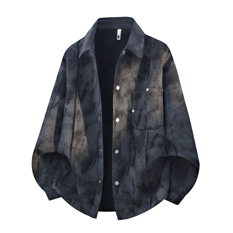 Men’s oversized corduroy work shirt in a tie-dye look with a snap-button placket Heather gray