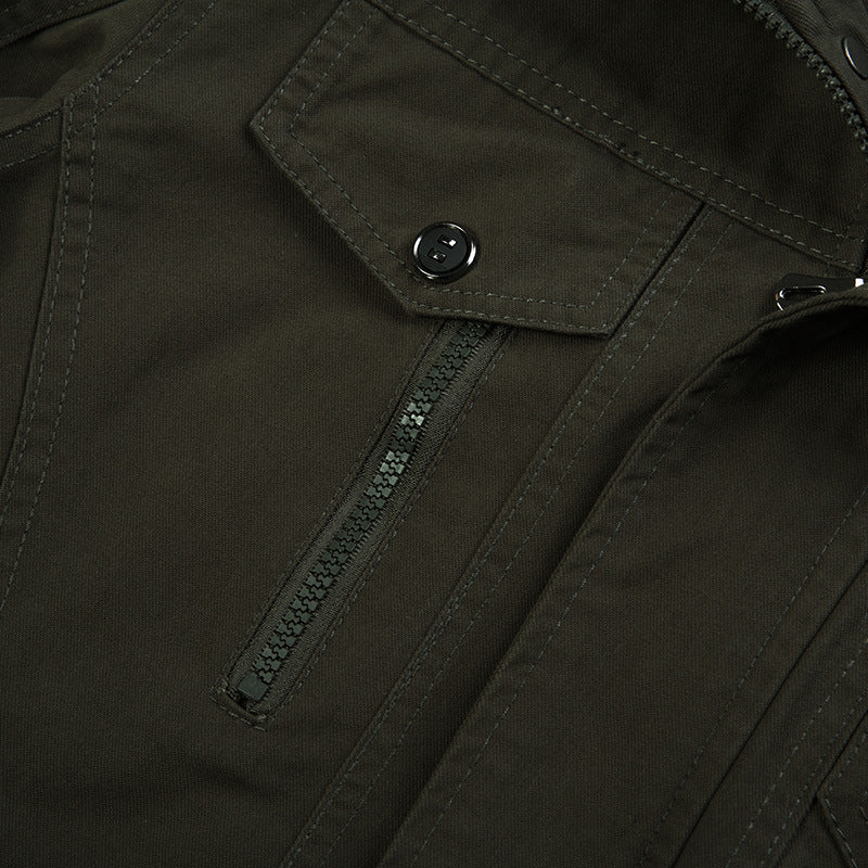 Men’s canvas field jacket with stand collar and multifunctional pockets Military green 2701