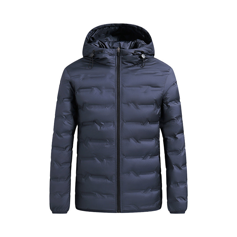 Men’s ultra-lightweight quilted jacket with hood and wind flap Nebelblau