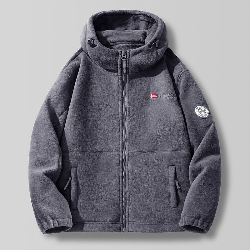 Men’s hooded fleece jacket with a high hood collar and zipper Meerblau