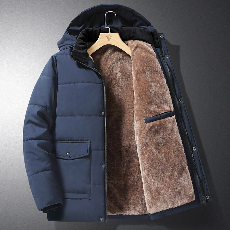 Men’s quilted jacket with hood, buttons, and pockets Blau