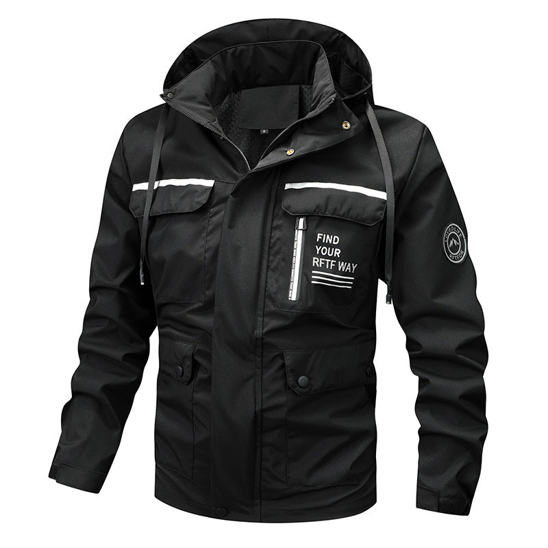 Men’s waterproof hooded rain jacket with a windproof membrane Cremeweiß