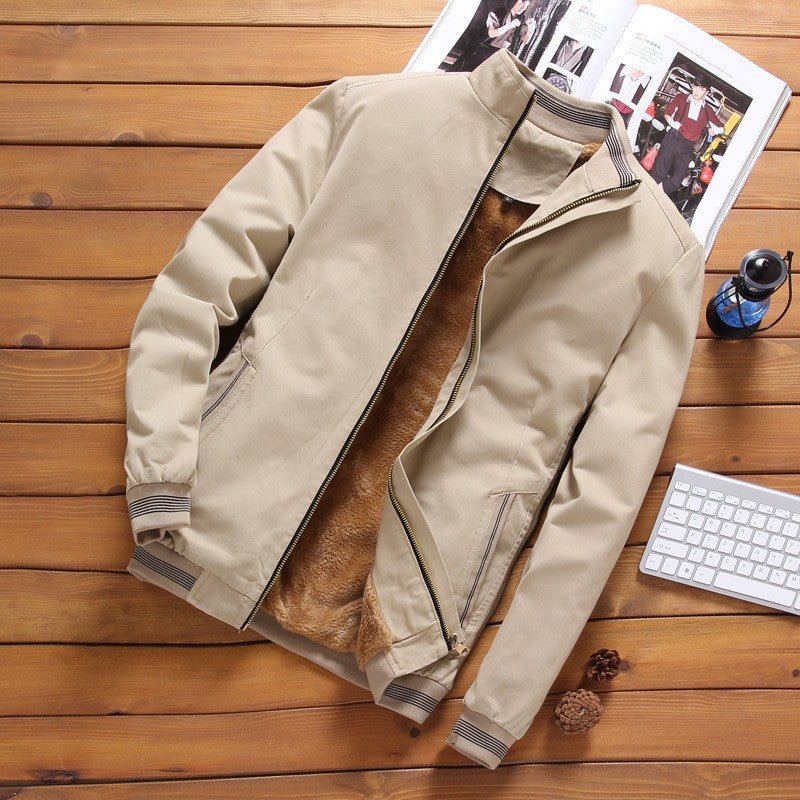 Men’s lightweight bomber-style jacket with a stand-up collar and striped ribbed cuffs Khaki