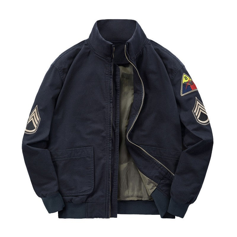 Men’s military-style bomber jacket with patches and a concealed zipper Black T31