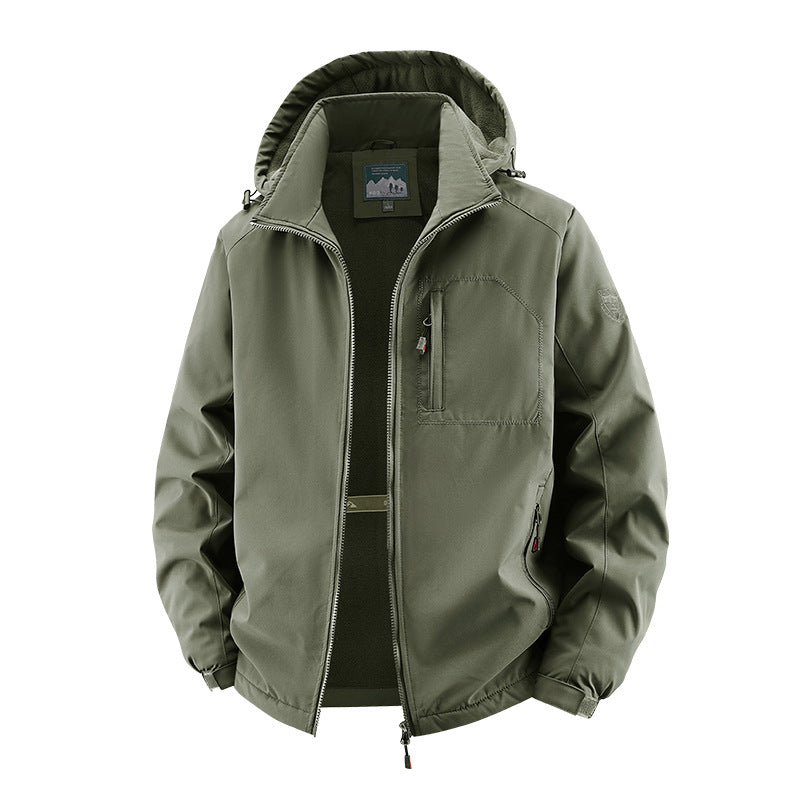 Men’s tactical-style softshell jacket with hidden hood and chest pocket Olivgrün