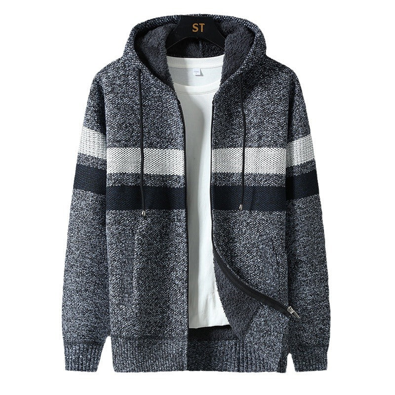 Men's Striped Hooded Jacket with Drawstring and Pockets Bordeaux