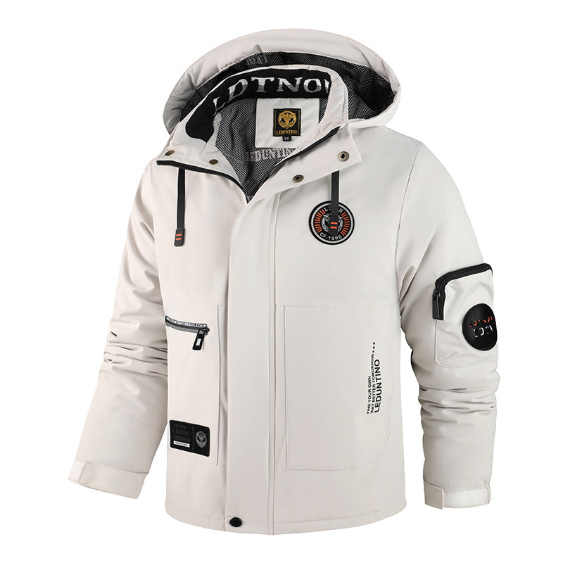 Men’s padded wind- and weatherproof jacket with hood and utility pockets Ivory white