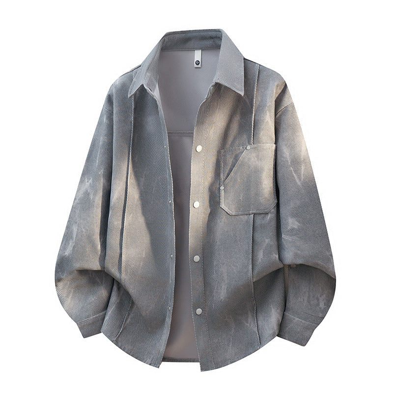 Men’s oversized corduroy work shirt in a tie-dye look with a snap-button placket Heather gray