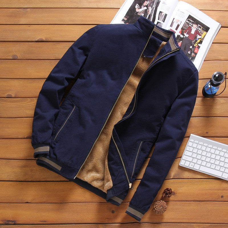 Men’s lightweight bomber-style jacket with a stand-up collar and striped ribbed cuffs Khaki lined