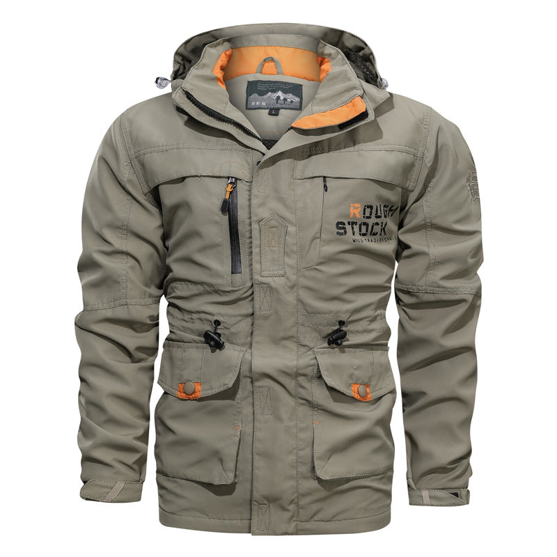 Men’s waterproof and windproof outdoor parka with detachable hood Khaki 086