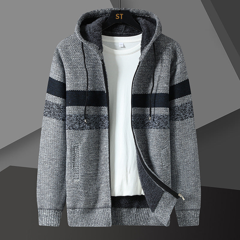 Men's Striped Hooded Jacket with Drawstring and Pockets Navy