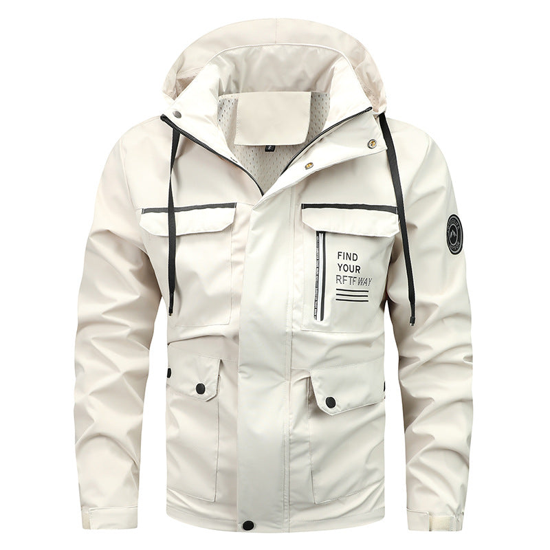 Men’s waterproof hooded rain jacket with a windproof membrane Cremeweiß