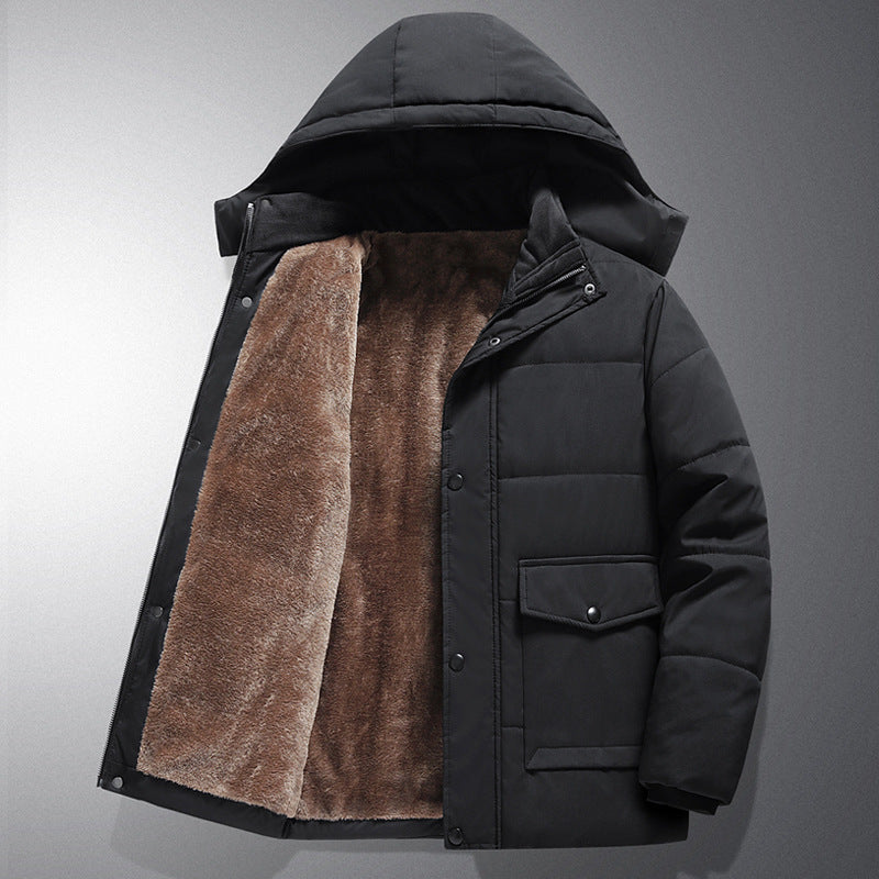 Men’s quilted jacket with hood, buttons, and pockets Schwarz