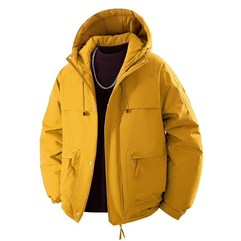 Men’s padded hooded parka with a high stand-up collar and adjustable drawstring Mustard yellow