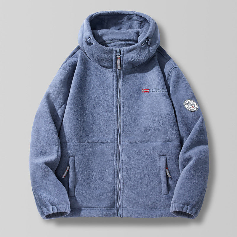 Men’s hooded fleece jacket with a high hood collar and zipper Khaki