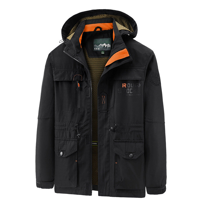 Men’s waterproof and windproof outdoor parka with detachable hood Military green 086