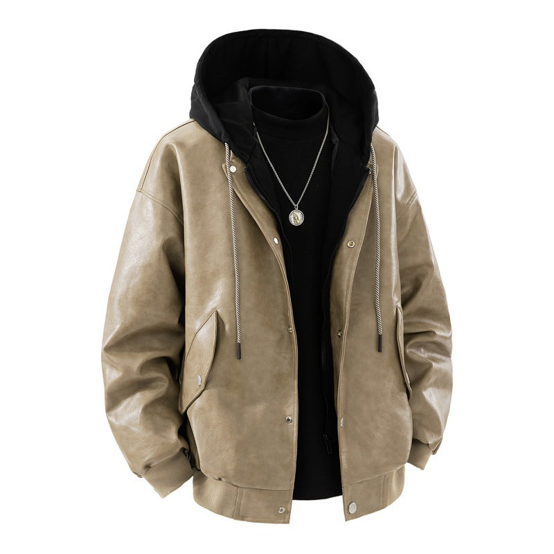 Men’s oversized bomber jacket with hood, snap-button placket, and pockets Khaki