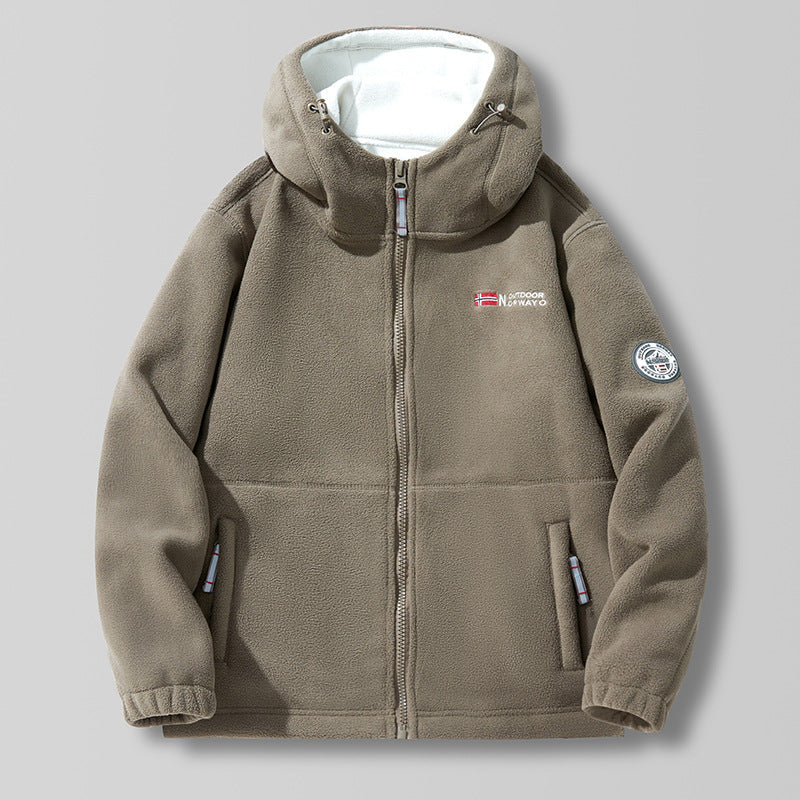 Men’s hooded fleece jacket with a high hood collar and zipper Dunkelgrau