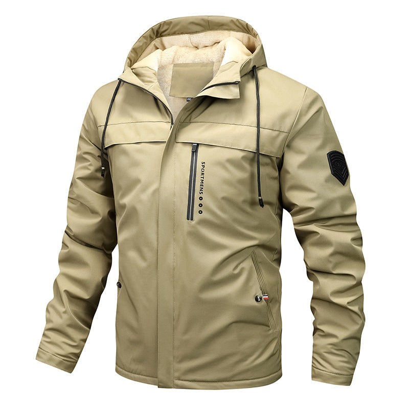 Men's windproof softshell jacket with adjustable hood and inner lining Blau