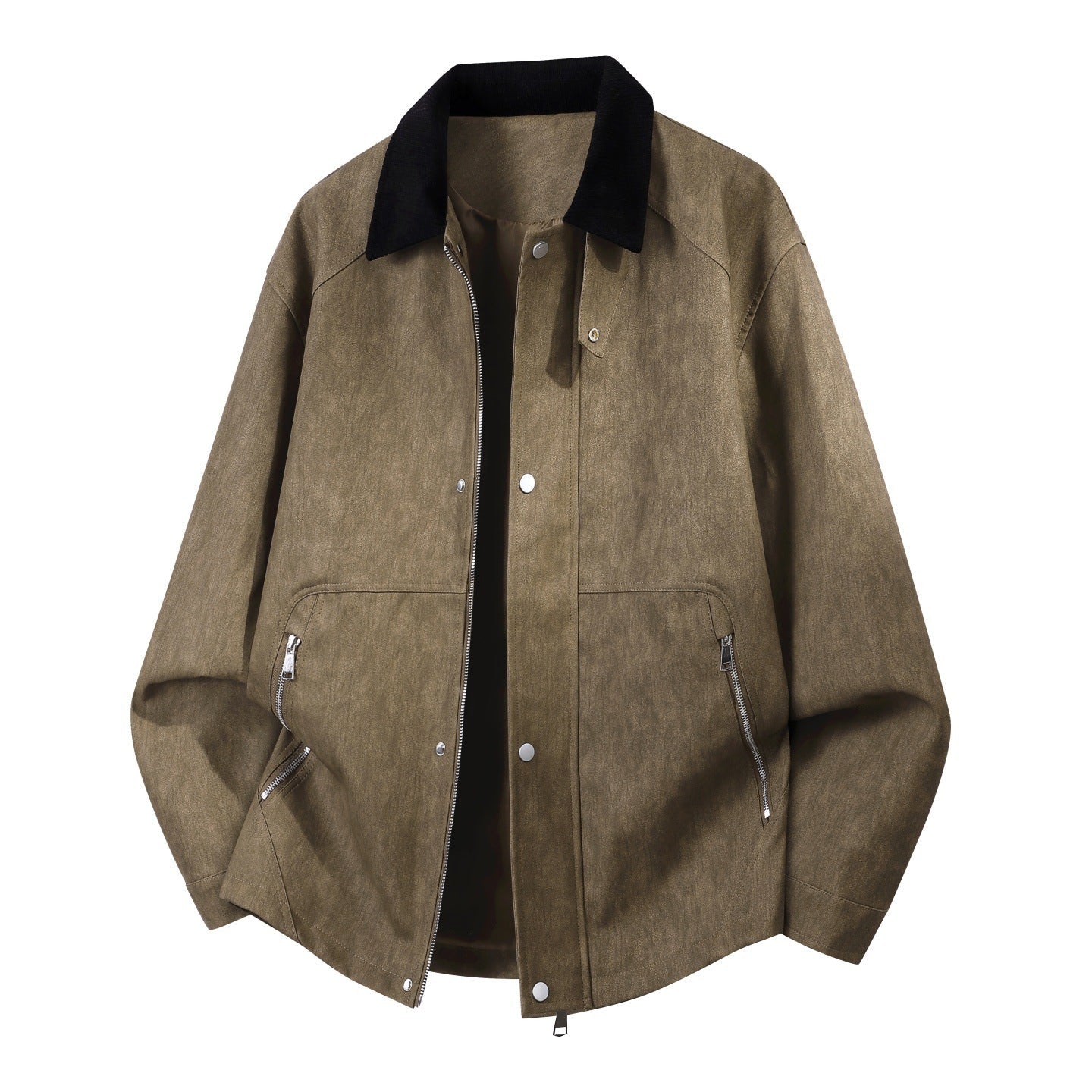 Men’s oversized Harrington jacket with corduroy collar and two-way zipper Khaki