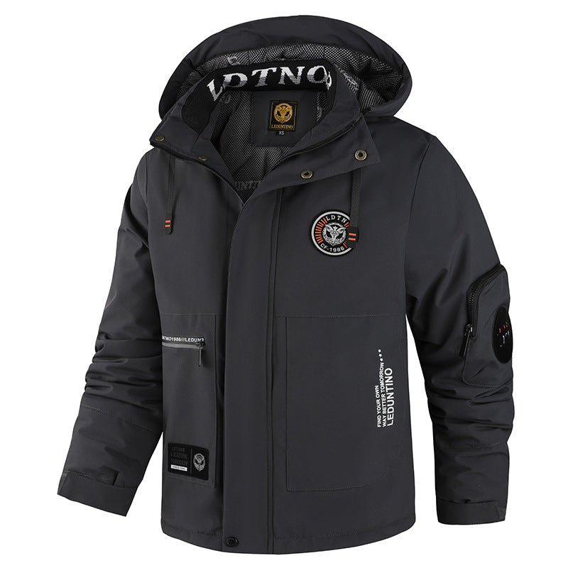 Men’s padded wind- and weatherproof jacket with hood and utility pockets Dunkelgrau