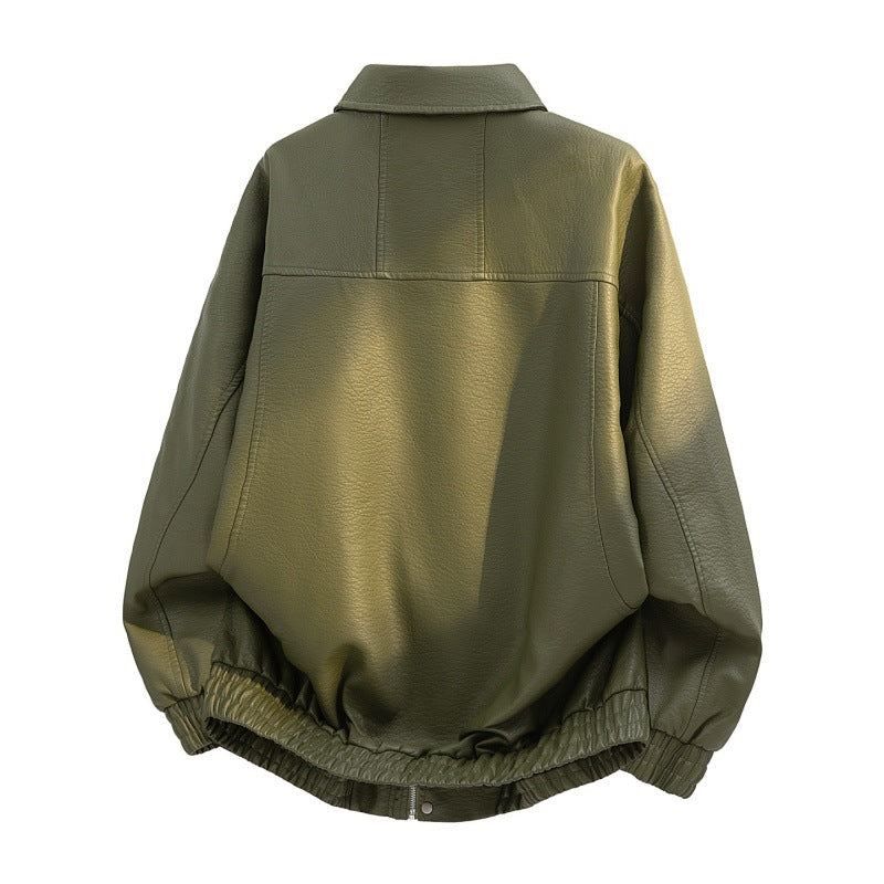 Men’s oversized field jacket made of faux leather with a concealed zipper Coffee brown