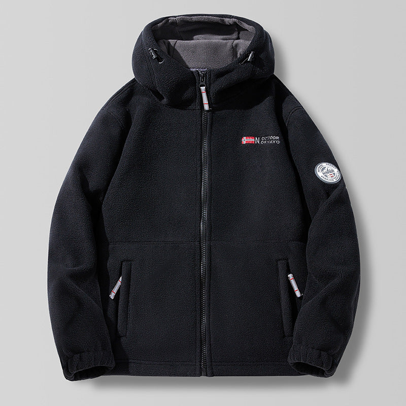 Men’s hooded fleece jacket with a high hood collar and zipper Dunkelblau