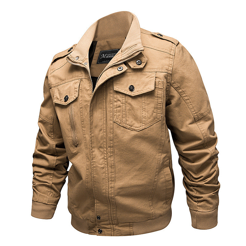 Men’s canvas field jacket with stand collar and multifunctional pockets Khaki 2701